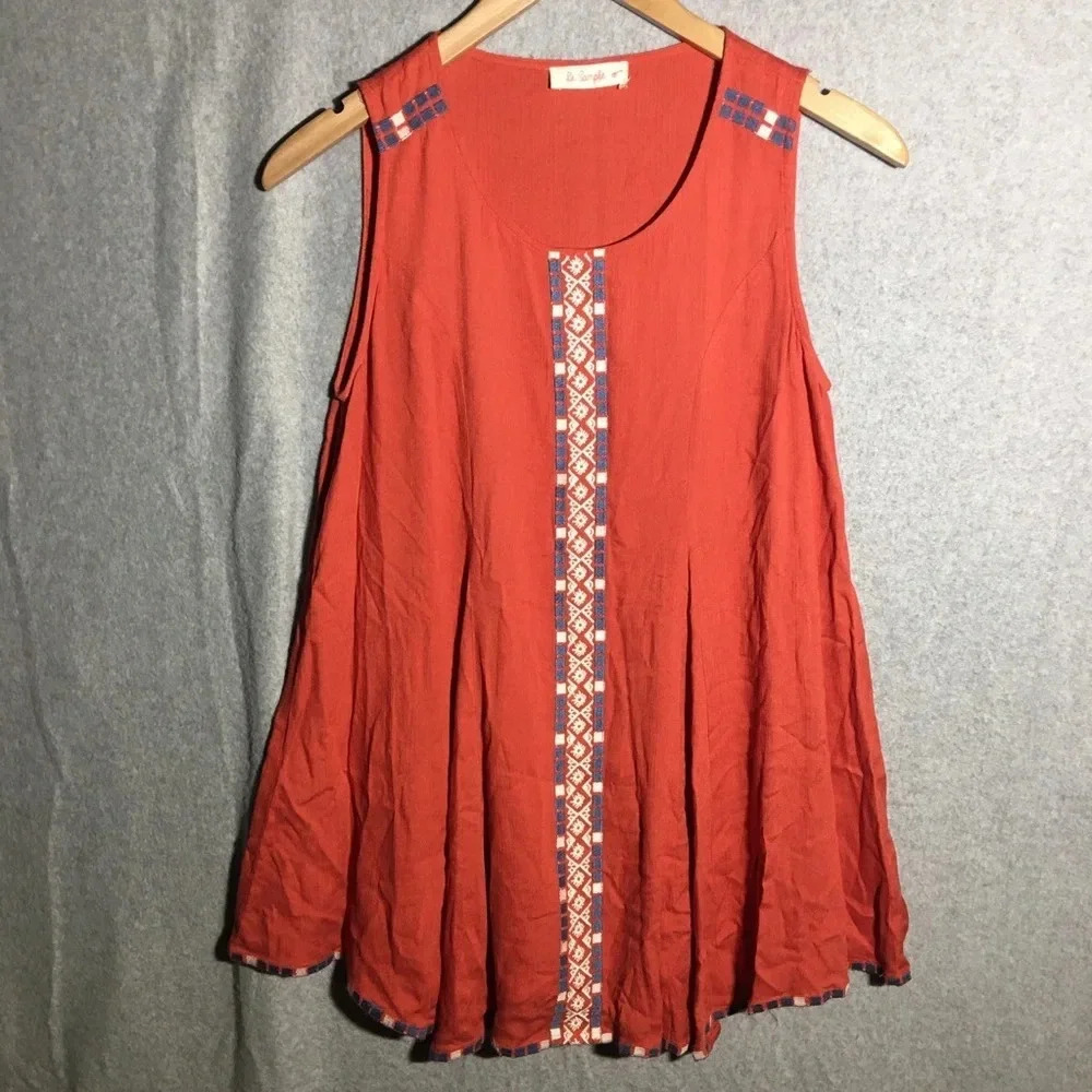 Womens Le Sample Blouse Orange Embroidery Cottage Core Beachy Boho Tunic Dress